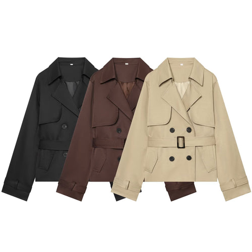 Damen Kurzer Cropped-Trenchcoat mit doppelreihiger Knopfleiste, Taillengürtel und Schulterpatten Nord Taschen