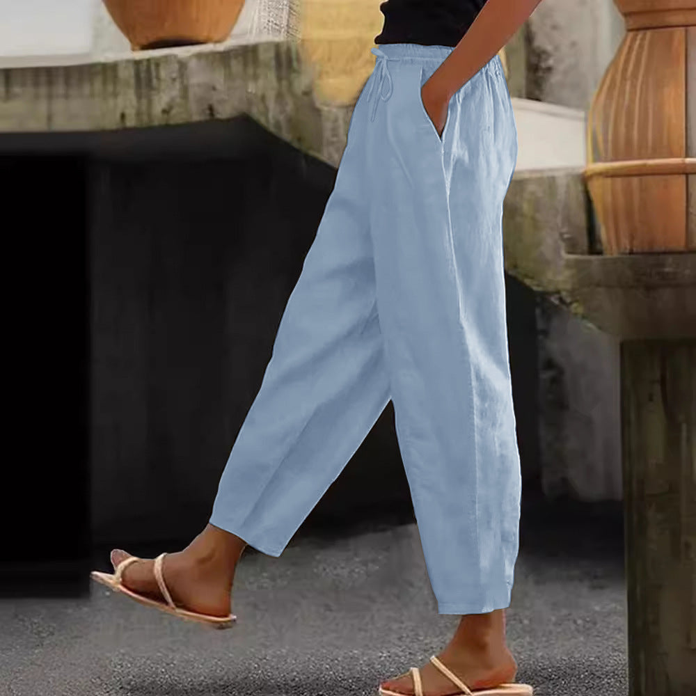 Damen Leinen-Mischung Cropped-Hose mit elastischem Bund, Kordelzug und Seitentaschen Nord Taschen