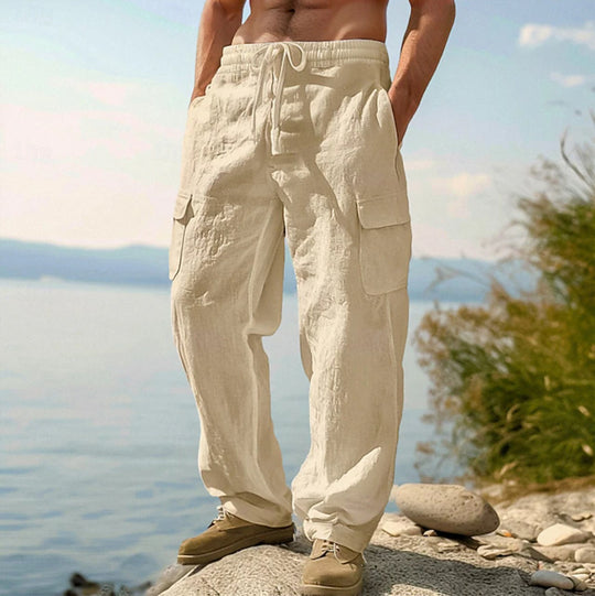 Herren weite Casual-Cargohose aus Leinen-Baumwollmix mit Elastikbund, Tunnelzug und großen Pattentaschen Nord Taschen