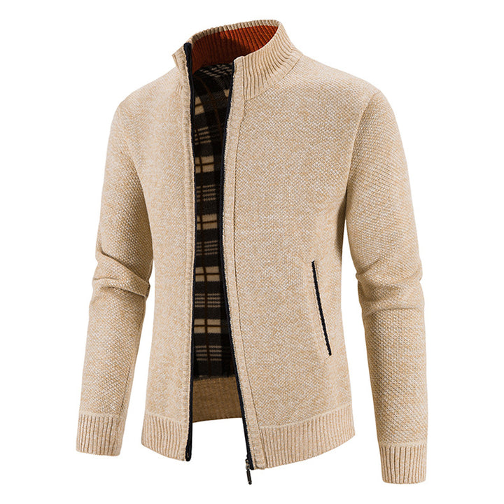 Herren Strickjacke mit durchgehendem Reißverschluss, Stehkragen und kariertem Futter Nord Taschen