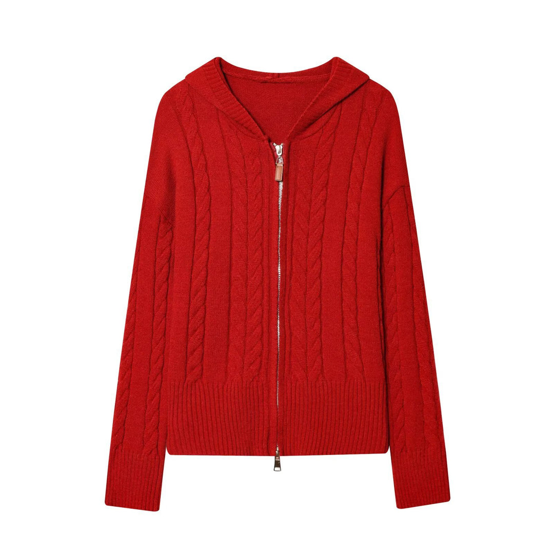Damen Kapuzenstrickjacke mit Zopfstrickmuster und Metallreißverschluss Nord Taschen