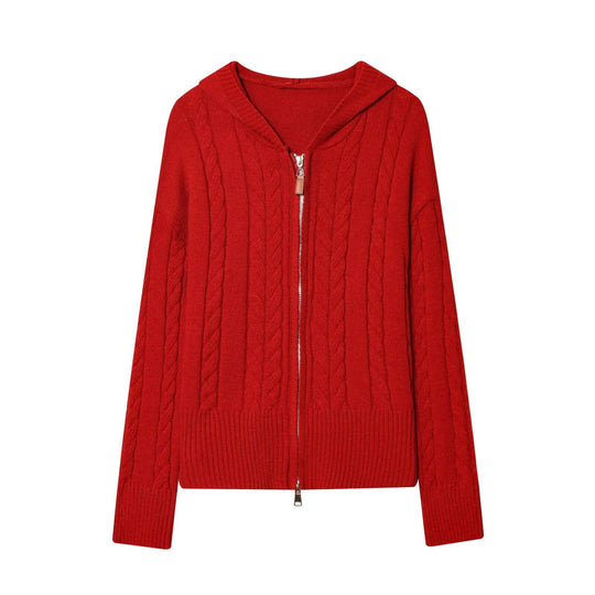 Damen Kapuzenstrickjacke mit Zopfstrickmuster und Metallreißverschluss Nord Taschen