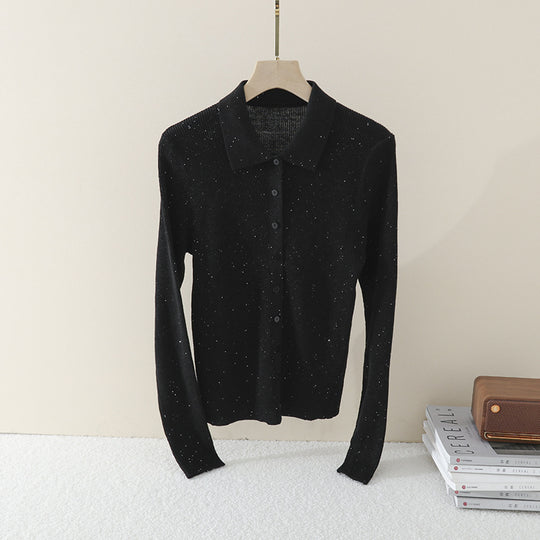 Damen Feinstrick-Cardigan mit Polokragen, Knopfleiste und dezentem Glitzereffekt Nord Taschen