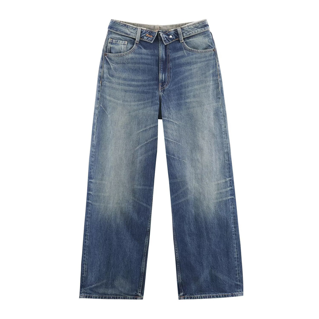 Damen Weite Destroyed-Jeans mit hoher Taille und geradem Bein Nord Taschen