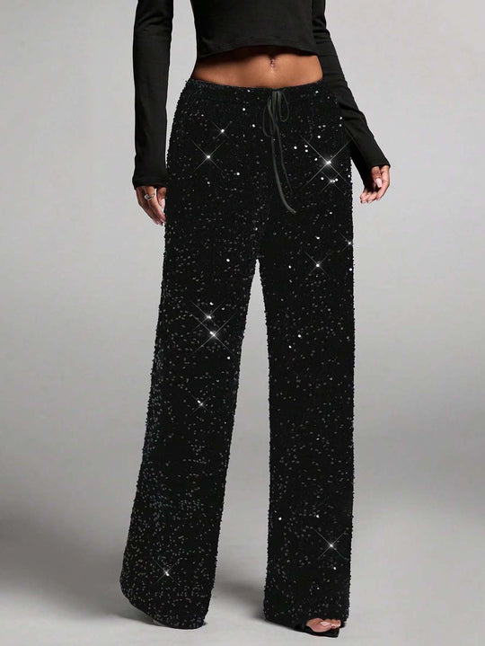 Damen Pailletten-Palazzohose mit hohem Bund und Kordelzug Nord Taschen