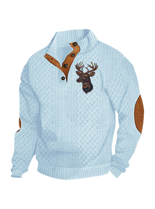 Herren nan Heritage-Strukturpullover mit Stehkragen Lederimitat-Besatz Ellenbogen-Patches und Halbknopfleiste