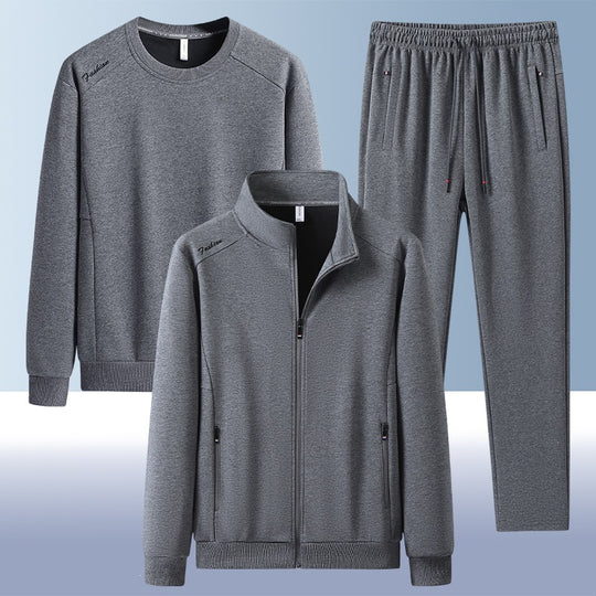 [Herren] Zweiteiliges Trainingsset mit Stehkragen-Zipjacke, Rundhals‑Sweatshirt und konisch geschnittener Jogginghose aus atmungsaktivem Fleece Nord Taschen