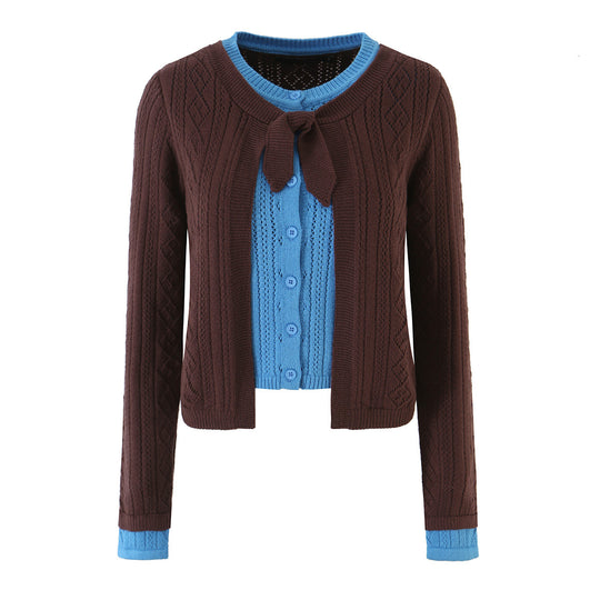 Damen Feinstrick-Zweiteiler Cardigan mit Schleifenkragen und Zierweste Nord Taschen