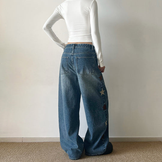 Damen Extraweite Baggy-Jeans mit Stern‑Applikationen und bodenlanger Silhouette Nord Taschen