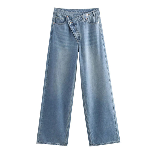 Damen 20+ weite High‑Waist Denim‑Palazzo‑Jeans mit asymmetrischem Bunddetail Nord Taschen