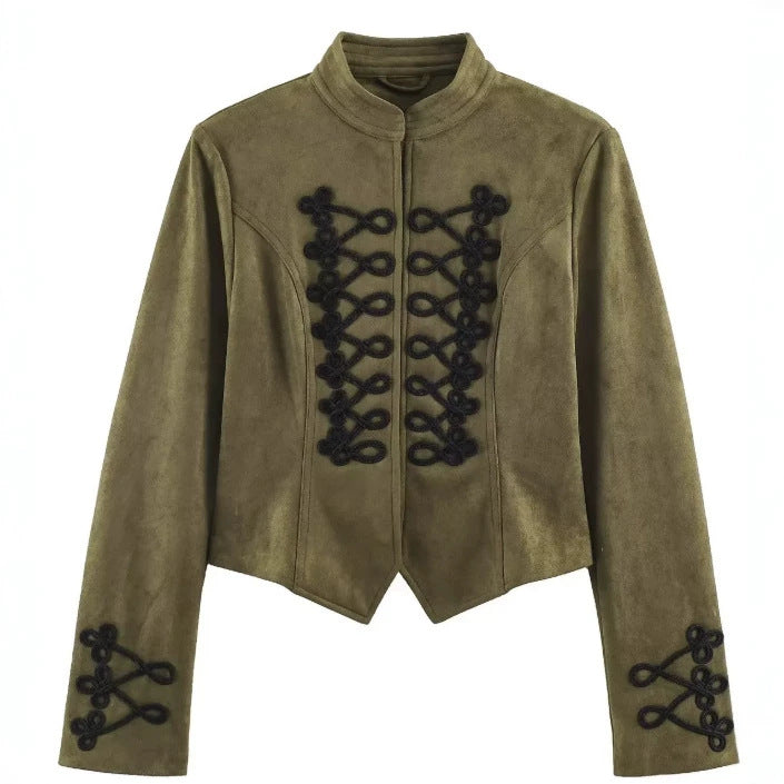 Damen Kurz geschnittene Wildlederjacke im Military‑Look mit Stehkragen und dekorativer Kordelfrosch‑Applikation Nord Taschen