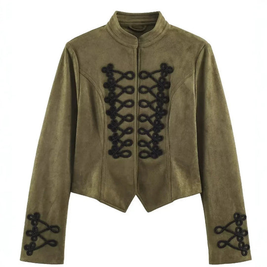 Damen Kurz geschnittene Wildlederjacke im Military‑Look mit Stehkragen und dekorativer Kordelfrosch‑Applikation Nord Taschen