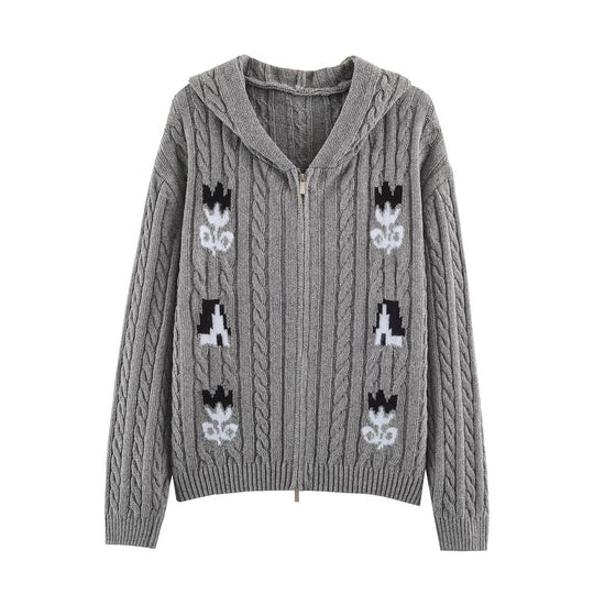 Damen Zweiteiliges Strick-Set mit Zipper-Kapuzenjacke und kurzem Zopfmuster-Rock Nord Taschen