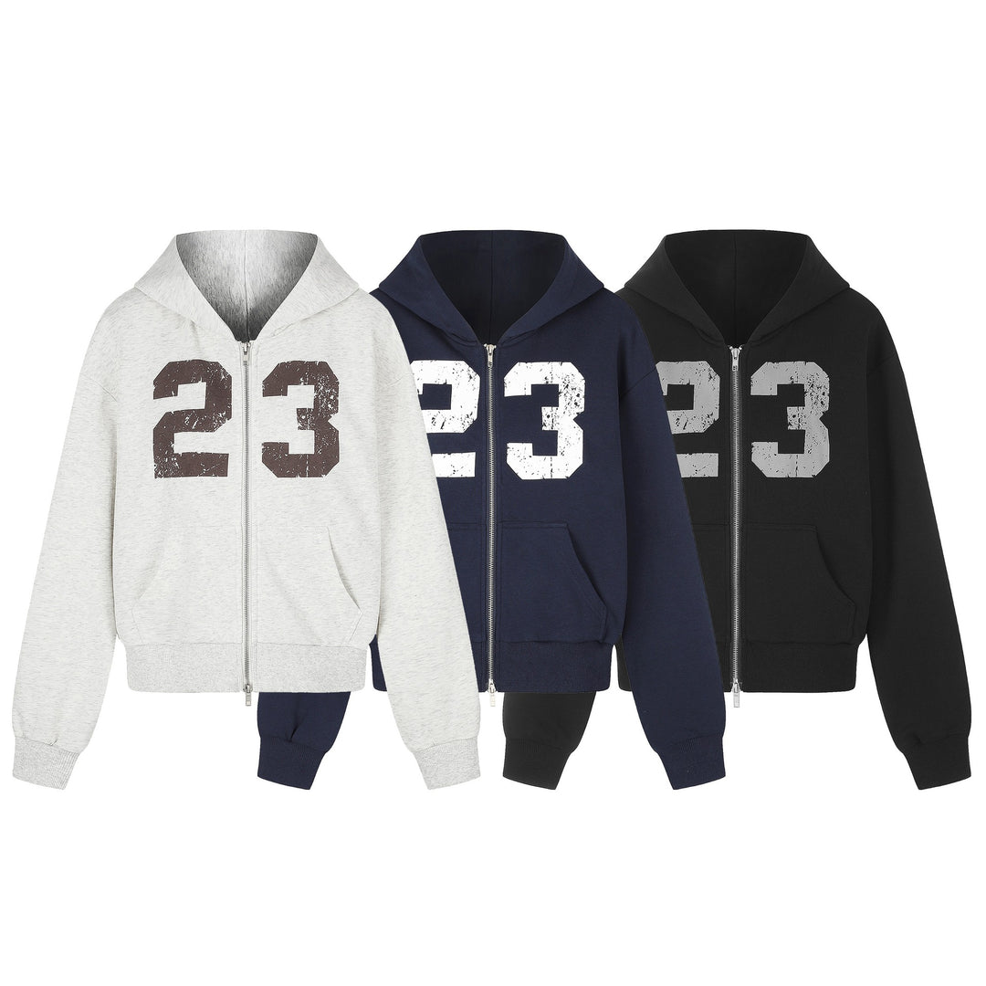 Damen Zip‑Hoodie im Boxy‑Schnitt mit Kängurutasche und Nummernprint Nord Taschen