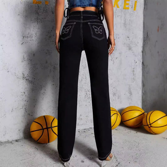 Damen High‑Waist gerade geschnittene Jeans mit Kontrastnähten Nord Taschen