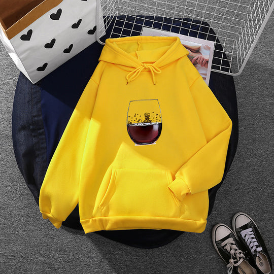 Damen nan lässiger Kapuzenhoodie mit fotorealistischer Weinglas‑Grafik, Kängurutasche und weichem Fleece Nord Taschen