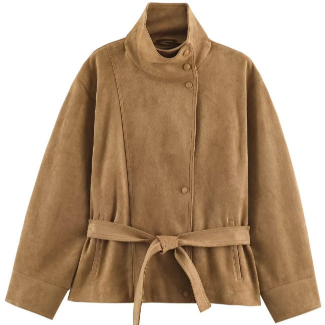 Damen Veloursleder-Optikjacke mit hohem Stehkragen und Taillengürtel Nord Taschen