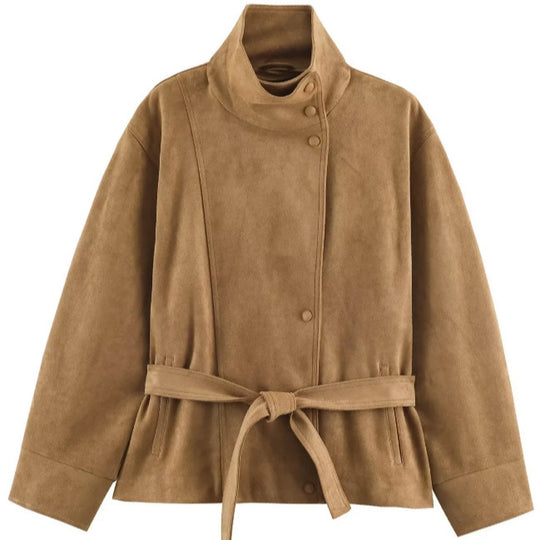 Damen Veloursleder-Optikjacke mit hohem Stehkragen und Taillengürtel Nord Taschen