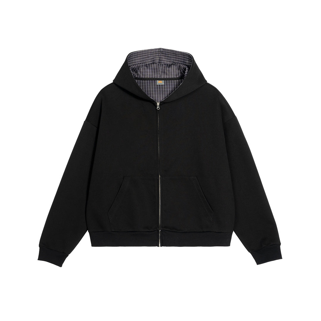 Unisex Kurz geschnittene Oversize-Kapuzenjacke mit durchgehendem Reißverschluss, kariert gefütterter Kapuze und Kängurutasche Nord Taschen