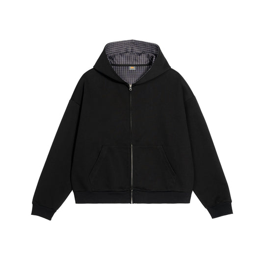 Unisex Kurz geschnittene Oversize-Kapuzenjacke mit durchgehendem Reißverschluss, kariert gefütterter Kapuze und Kängurutasche Nord Taschen