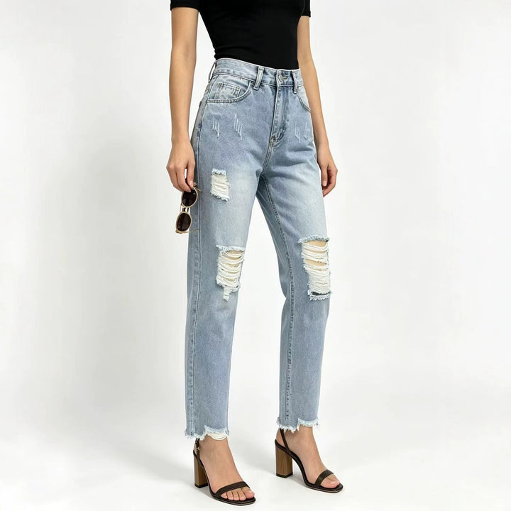 Damen hochgeschnittene Straight Leg Jeans mit gezielten Rissdetails und rohem Knöchelabschluss Nord Taschen