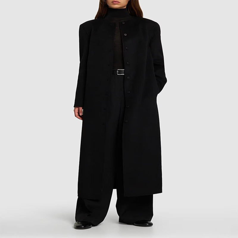 Damen Langer Minimalistischer Stehkragenmantel aus Wollmix mit verdeckter Knopfleiste Nord Taschen
