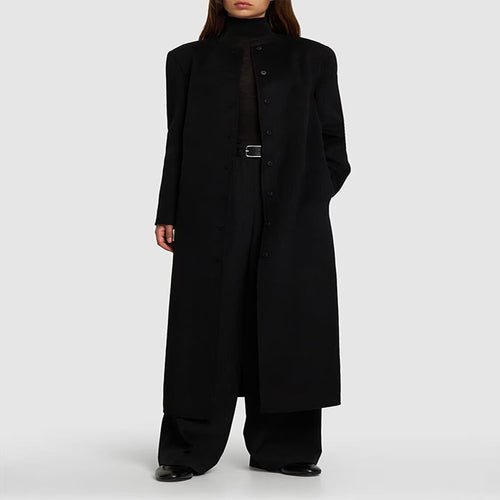 Damen Langer Minimalistischer Stehkragenmantel aus Wollmix mit verdeckter Knopfleiste Nord Taschen