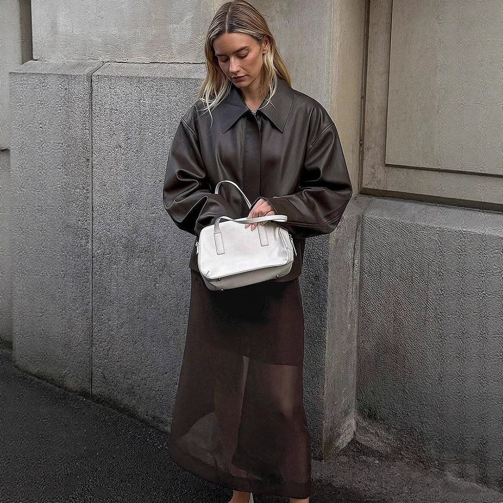 Damen Cropped Boxy Jacke aus Lederimitat mit übergroßem Kragen und verdeckter Reißverschlussleiste Nord Taschen