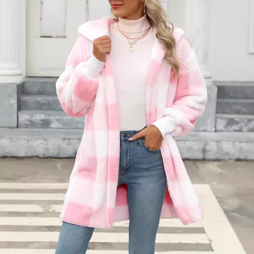 Damen Oversize Karierter Teddy-Mantel mit Kapuze und Eingrifftaschen Nord Taschen