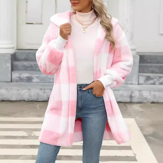 Damen Oversize Karierter Teddy-Mantel mit Kapuze und Eingrifftaschen Nord Taschen