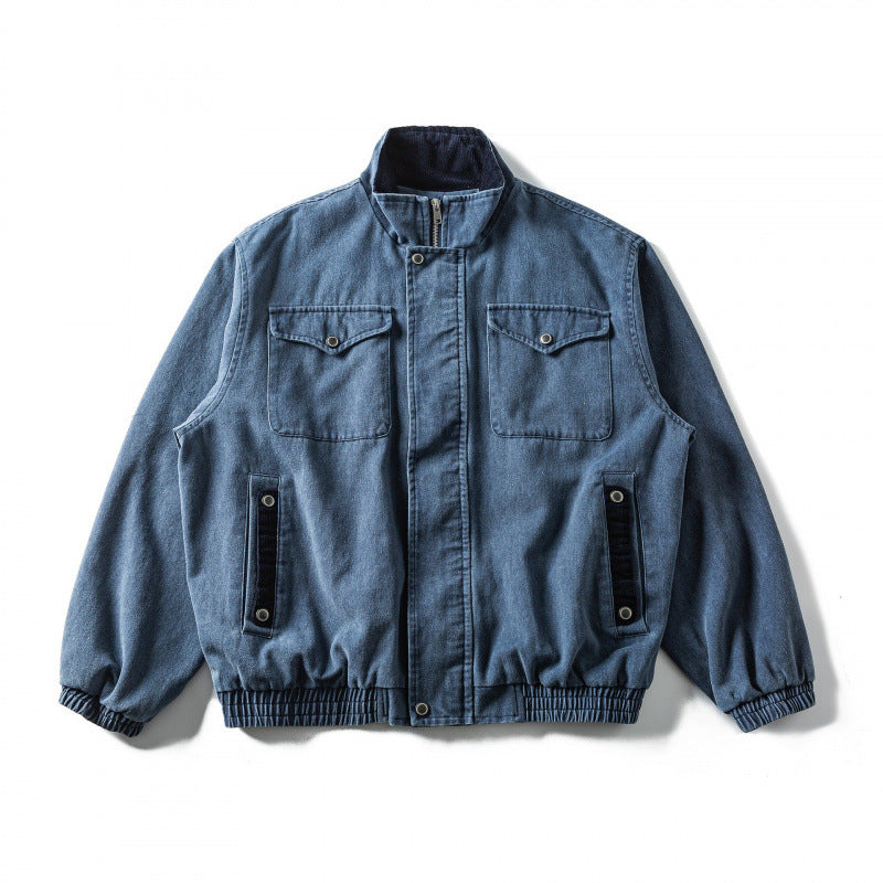 Herren Kastenförmige Canvas-Blousonjacke mit Cordbesatz, Stehkragen und elastischem Saum Nord Taschen