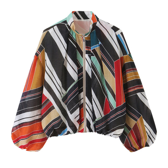 Damen Leichte Oversize-Bomberjacke mit geometrischem Print, Ballonärmeln und Reißverschluss Nord Taschen