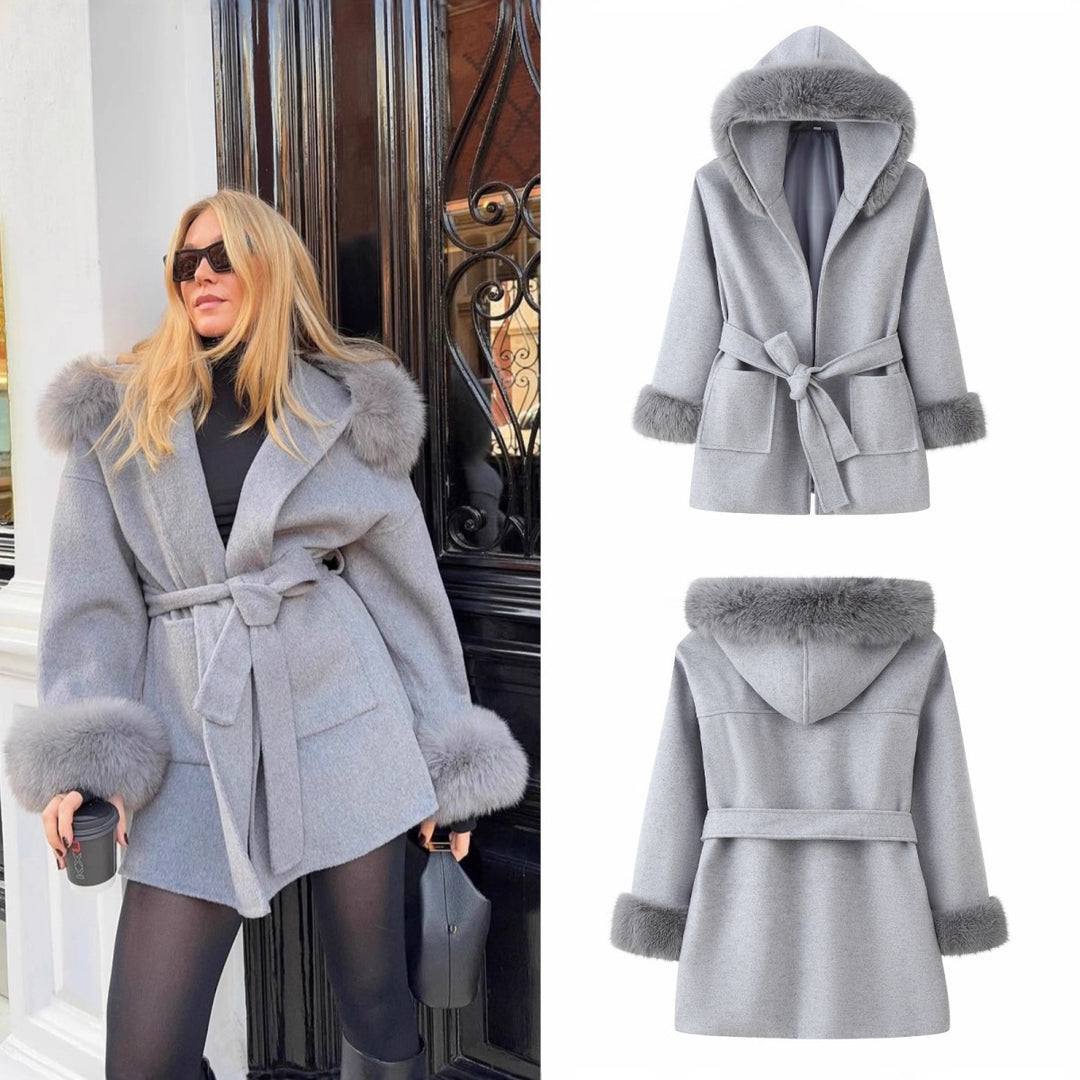 Damen Kapuzen-Wollmix-Mantel mit Bindegürtel und Faux-Fur-Besatz Nord Taschen