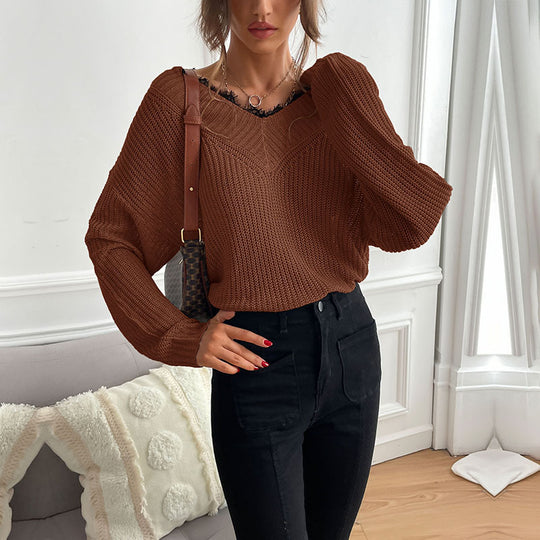 Damen Eleganter Strickpullover mit V-Ausschnitt und großem Muster Nord Taschen