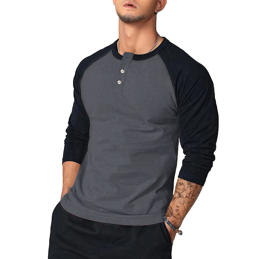 Herren Lässiges Langarm Henley-Shirt mit Kontrastärmeln Nord Taschen