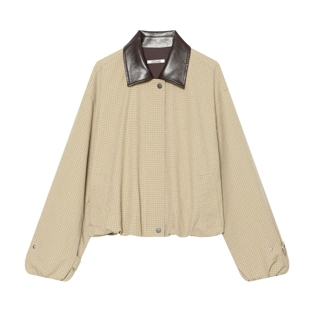 Damen Oversize-Boxy-Jacke mit Karomuster, Kunstleder-Revers und Kordelzugsaum Nord Taschen