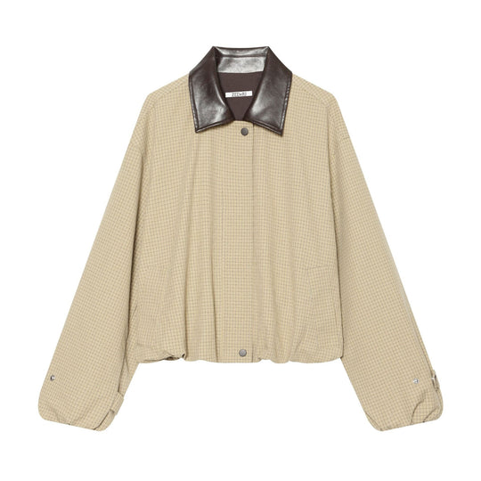 Damen Oversize-Boxy-Jacke mit Karomuster, Kunstleder-Revers und Kordelzugsaum Nord Taschen