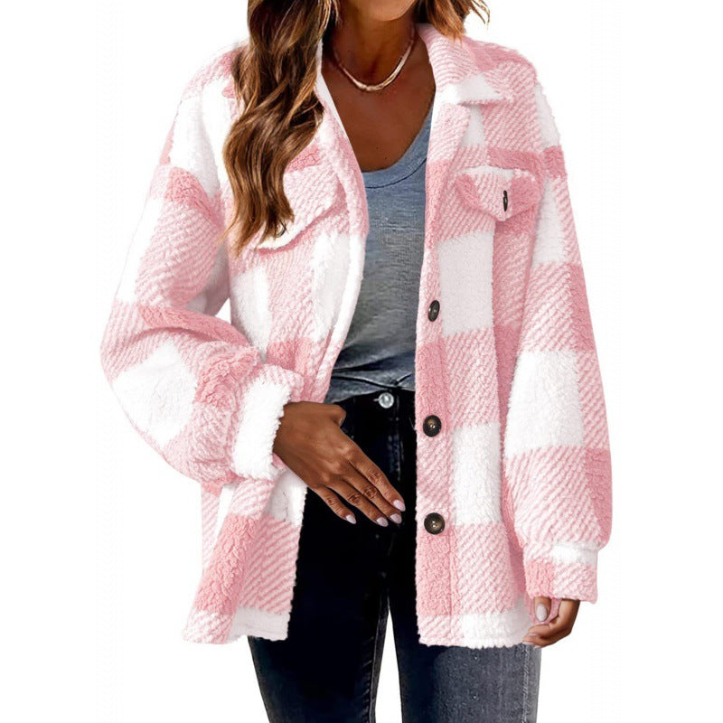 Damen Karierte Teddy‑Hemdjacke im Oversize‑Shacket‑Stil Nord Taschen