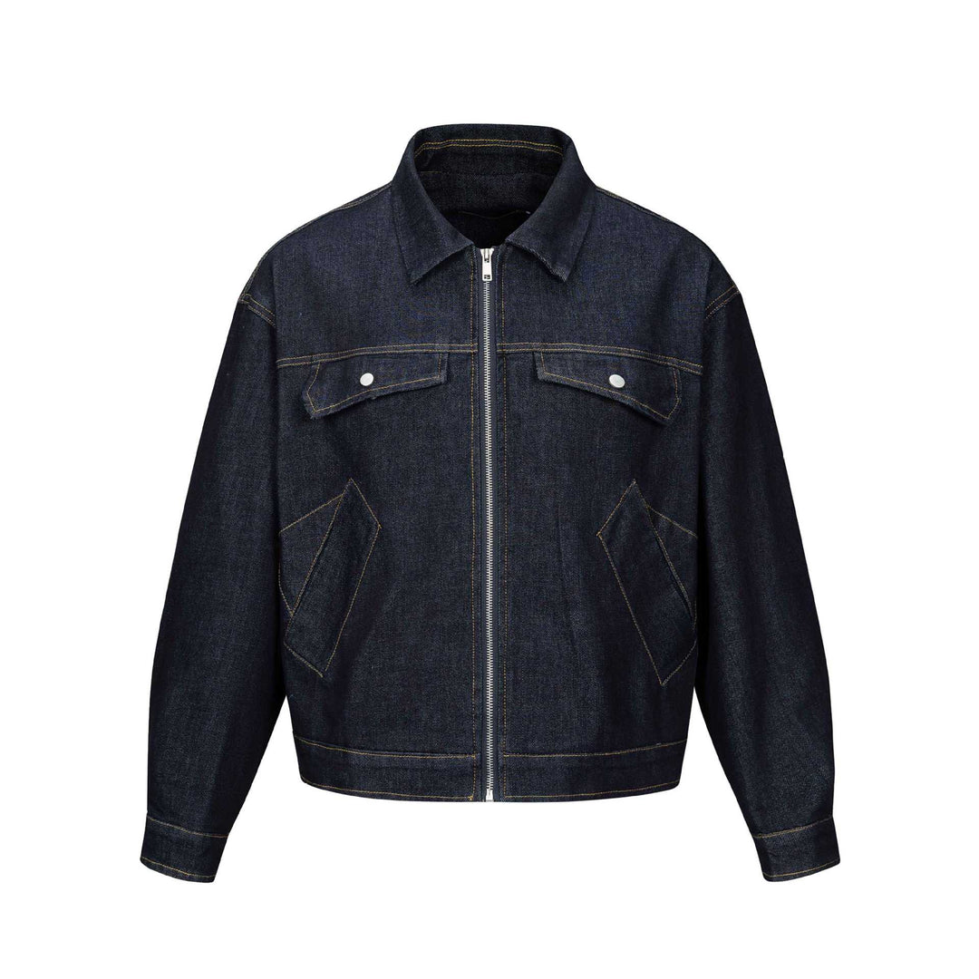 Unisex Kastig geschnittener Denim‑Blouson mit Metallreißverschluss und Pattentaschen Nord Taschen