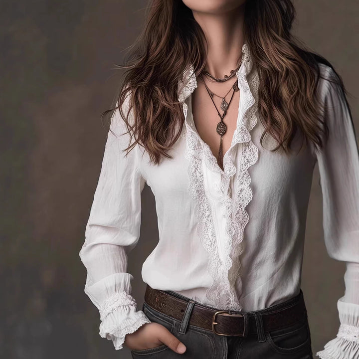 Damen elegante Bluse mit Rüschendetails und Spitzenbesatz