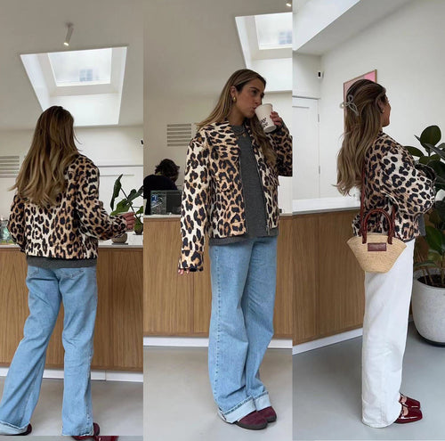 Damen Cropped-Fieldjacke im Leopardenmuster mit breitem Revers und Pattentaschen Nord Taschen