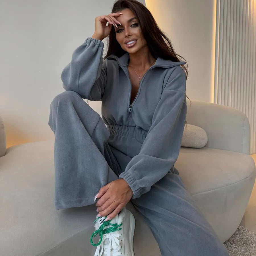 Damen eleganter Lounge-Overall mit elastischer Taillenpartie, Stehkragen, Reißverschluss und weitem Bein Nord Taschen