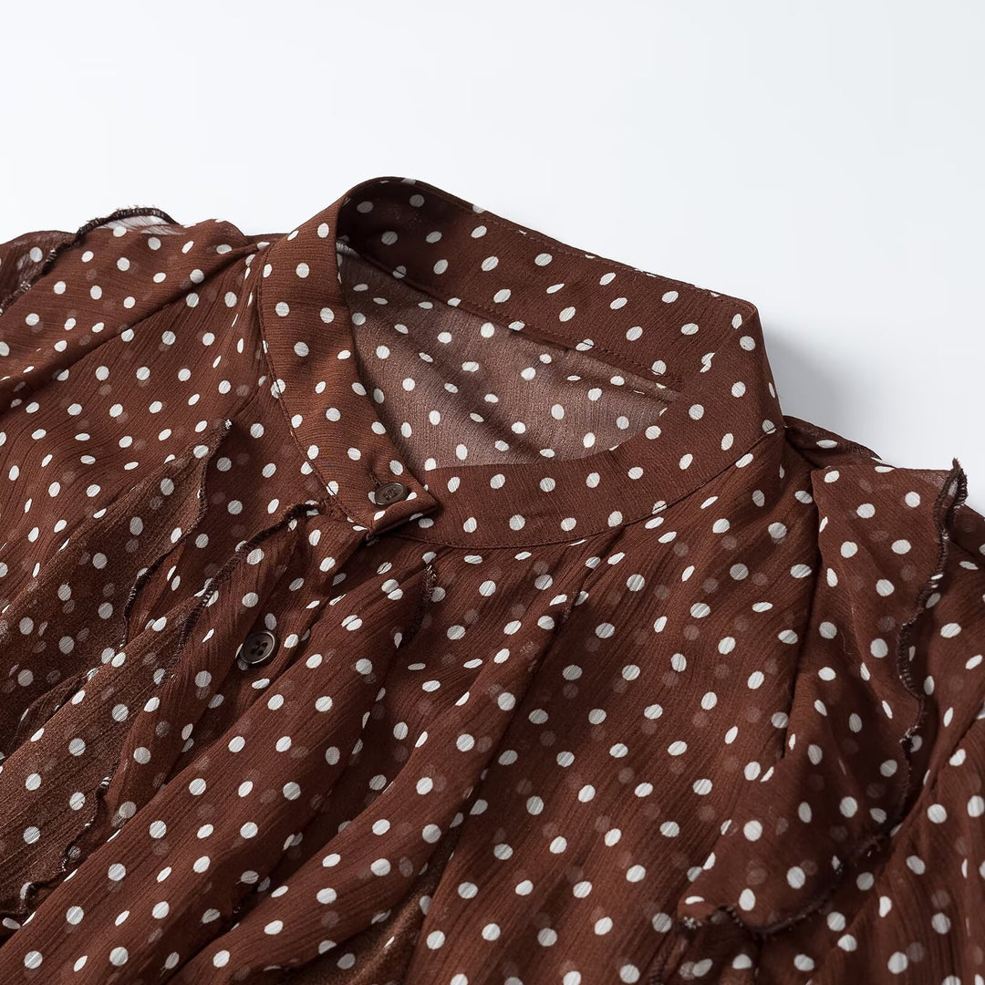 Damen Semitransparente Chiffonbluse mit Polka-Dots, Volants und Schleifenkragen Nord Taschen