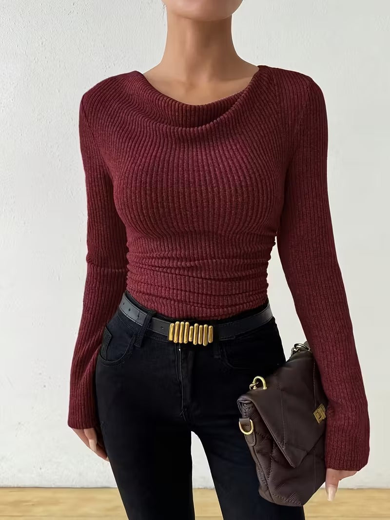 Damen Gerippter Taillierter Feinstrickpullover mit Raffung Nord Taschen