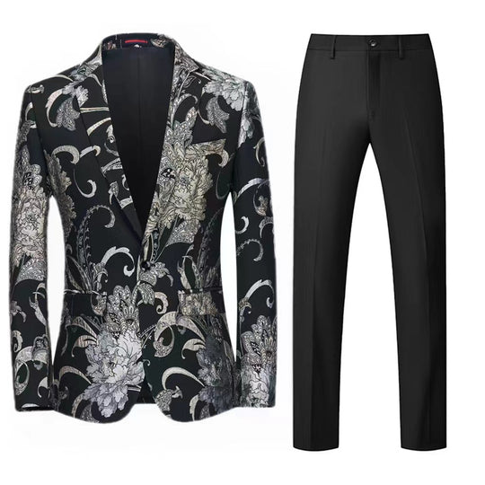 Damen Zweiteiliges Satin-Jacquard-Sakko mit floralem Muster und taillierter Passform sowie Slim-Fit Anzughose Nord Taschen