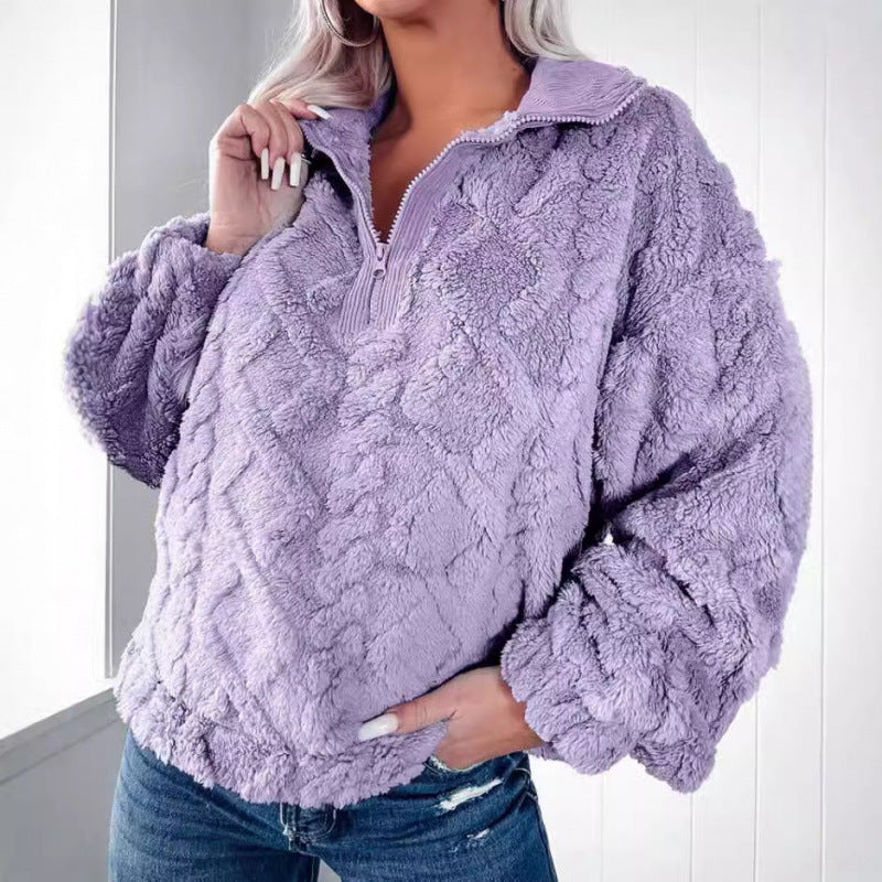 Damen Plüschpullover im Teddy-Look mit halbem Reißverschluss und strukturierter Rautenoptik Nord Taschen