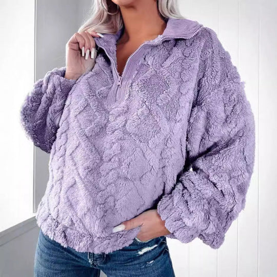 Damen Plüschpullover im Teddy-Look mit halbem Reißverschluss und strukturierter Rautenoptik Nord Taschen