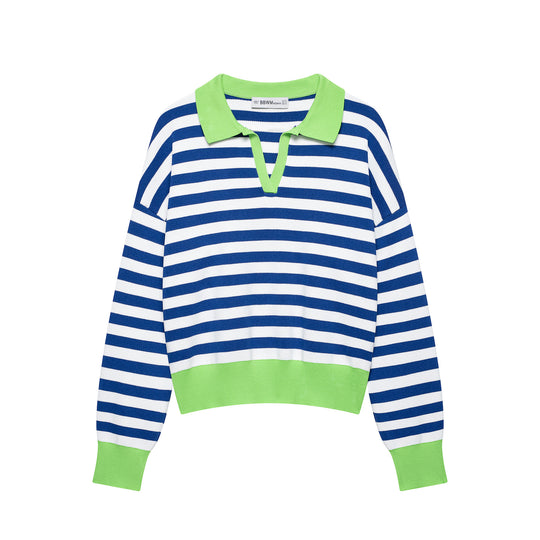 Damen Gestreifter Polo‑Pullover mit V‑Ausschnitt, weitem Rumpf und kontrastierenden Bündchen Nord Taschen
