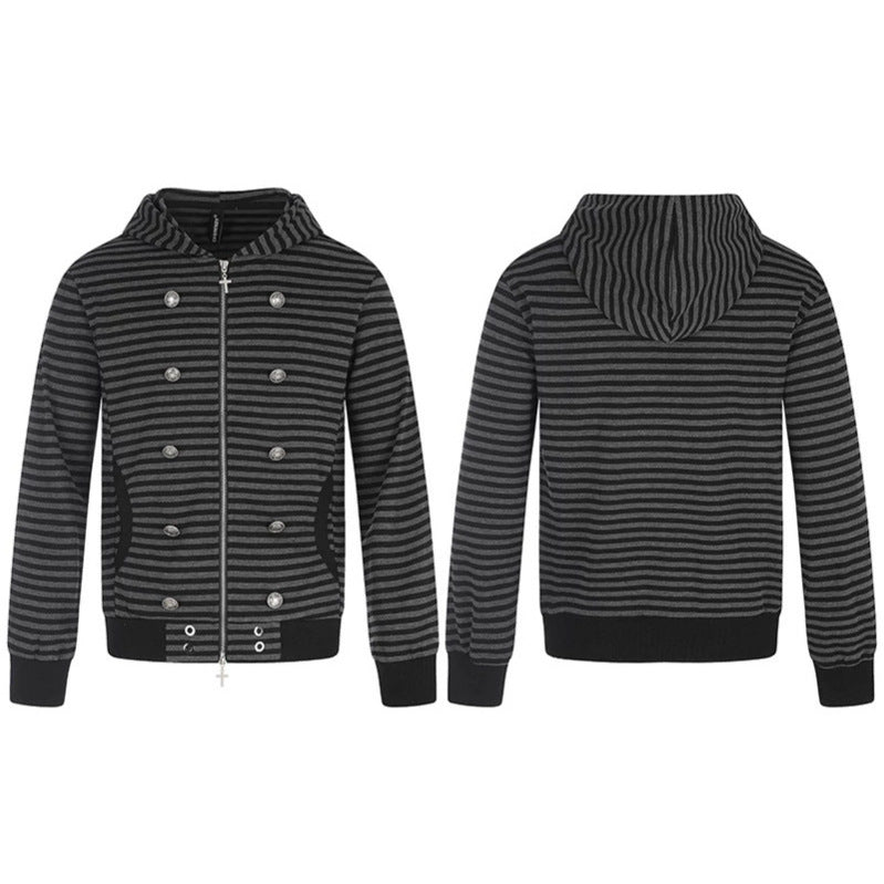 Damen Gestreifte Kapuzen‑Sweatjacke mit dekorativer Doppelreihe, Metall‑Zipper und Kapuze Nord Taschen