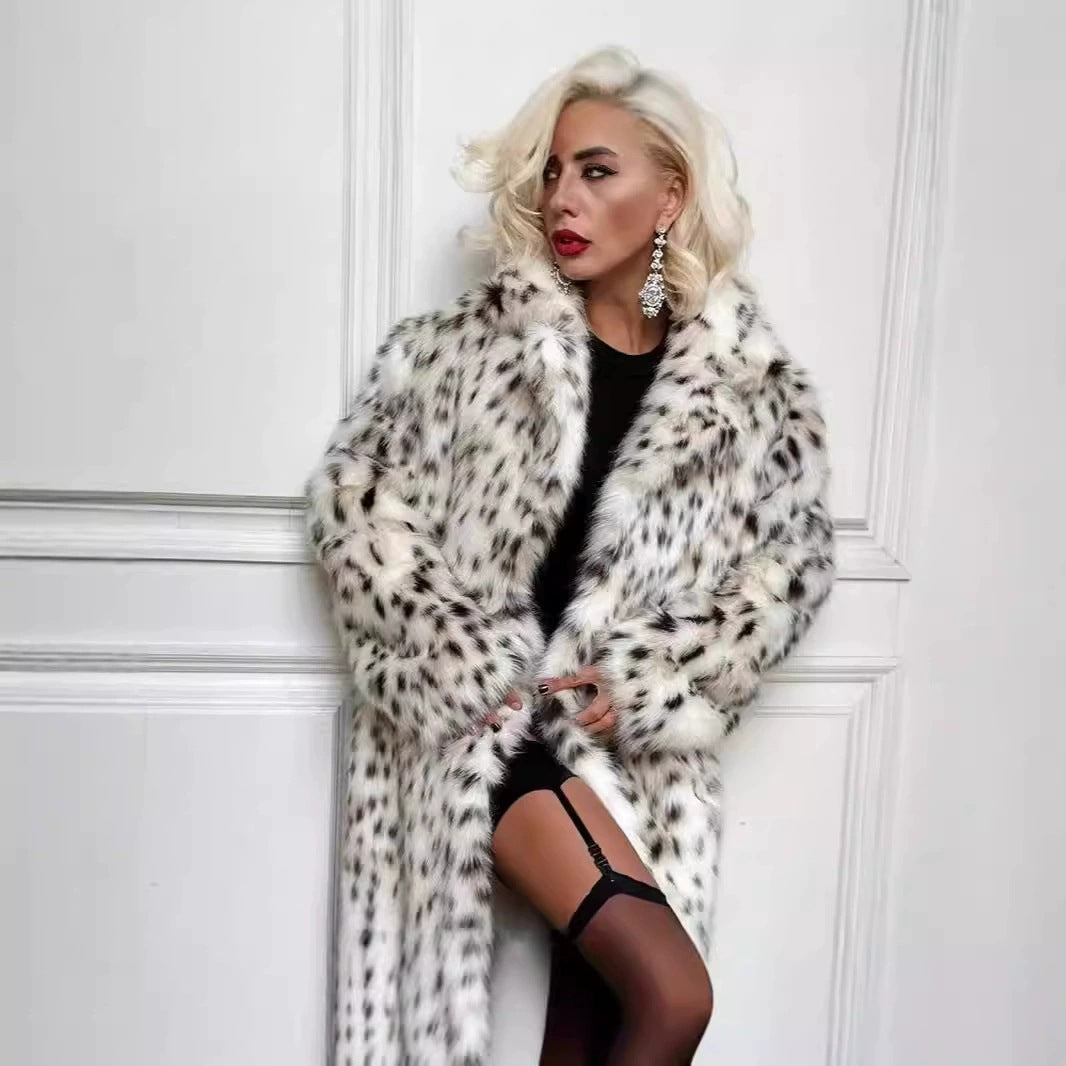 Damen langer Oversize Kunstpelzmantel mit Leopardenmuster und breitem Revers Nord Taschen